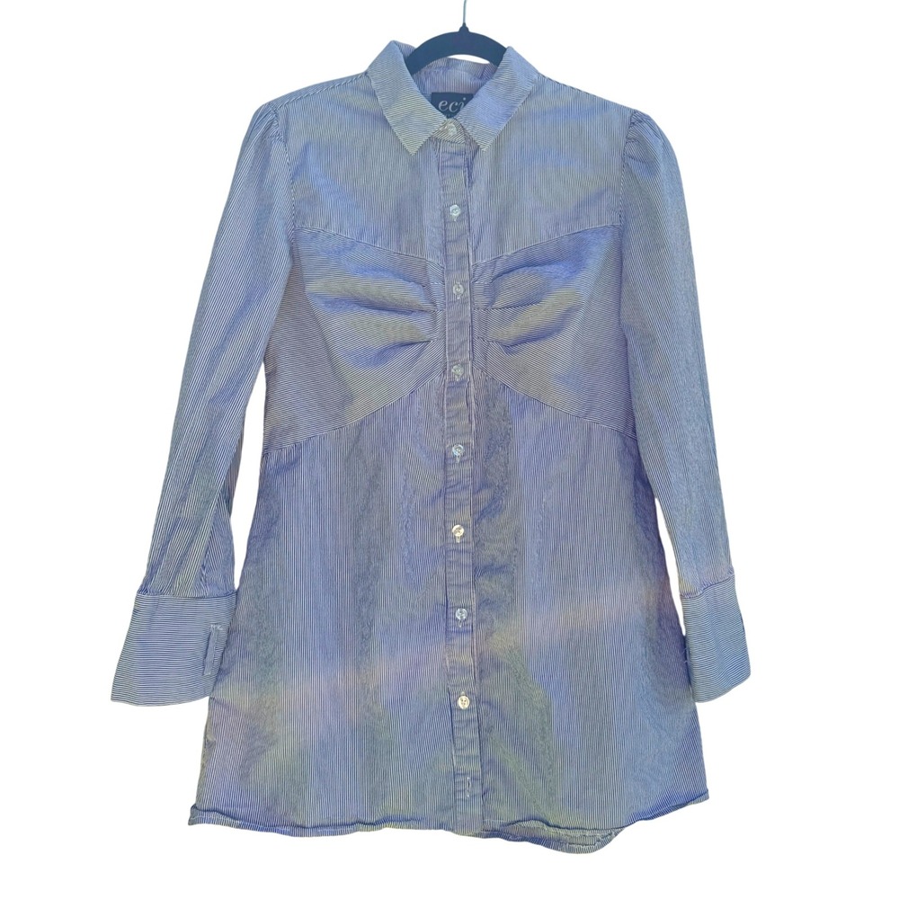ECI New York Blue Striped Long Sleeve Button Down Shirt Dress 6 Preppy‎ Classic - Picture 2 of 14